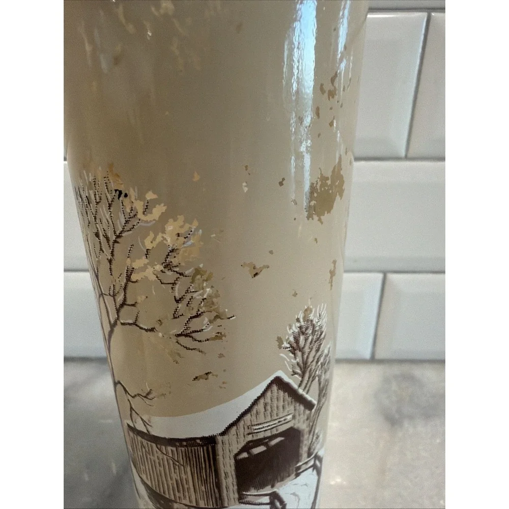 Vintage Set Of 2 Glass Pillar Candles Forest Covered Bridge Scenes